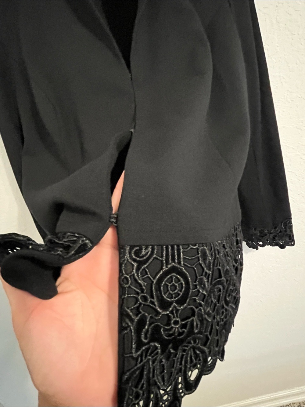 Chico’s 2 Black Ponte Knit Blazer US Lg 12/14 Floral Lace Cutwork Trim Jacket - Picture 4 of 11
